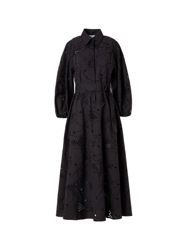 Designer Midikleid mit Blumen-Lochstickerei - Schwarz