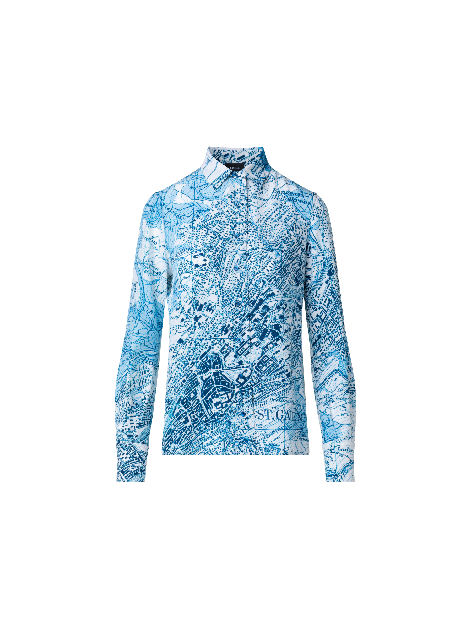 Designer Seidenbluse mit St. Gallen Map Druck - Blau - Bunt