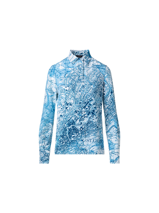 Designer Seidenbluse mit St. Gallen Map Druck - Blau - Bunt