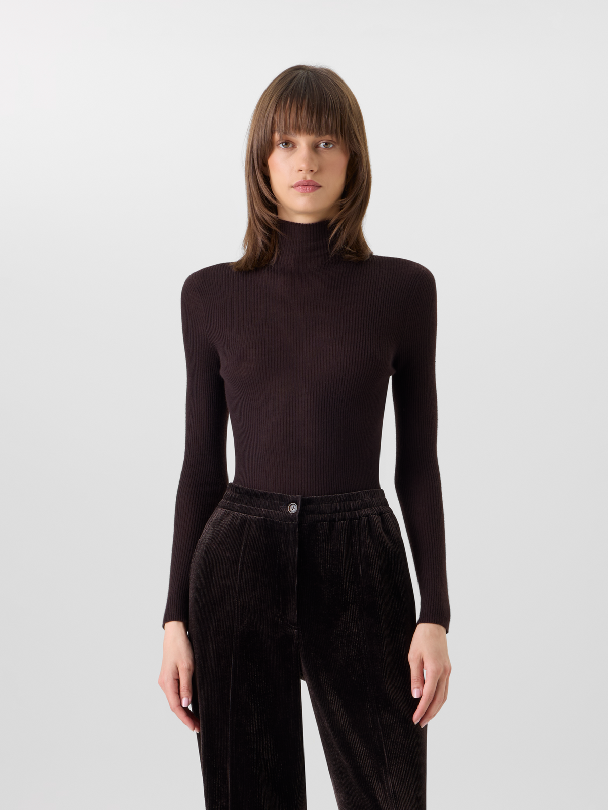 Designer Feinripp-Pullover aus Kaschmirseide mit Stehkragen - Braun #editorial