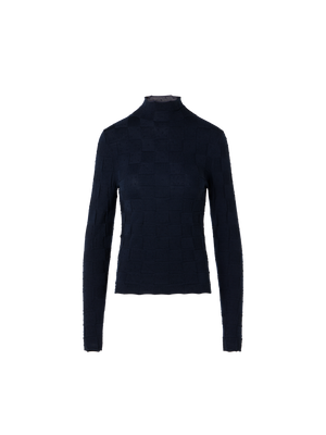 Designer Taillierter Wollpullover mit 3D Dice Strick - Dunkelblau