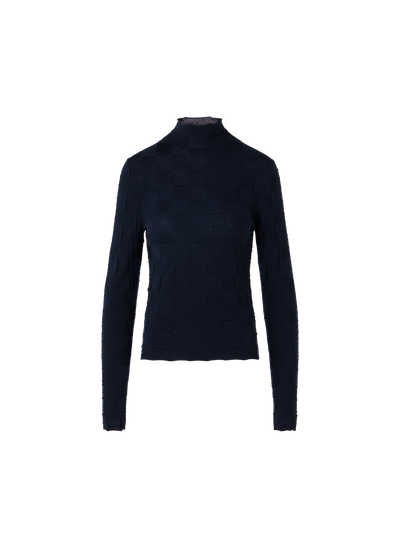 Designer Taillierter Wollpullover mit 3D Dice Strick - Dunkelblau