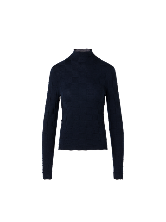 Designer Taillierter Wollpullover mit 3D Dice Strick - Dunkelblau