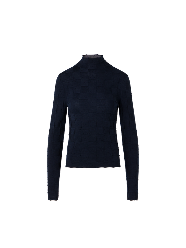 Designer Taillierter Wollpullover mit 3D Dice Strick - Dunkelblau