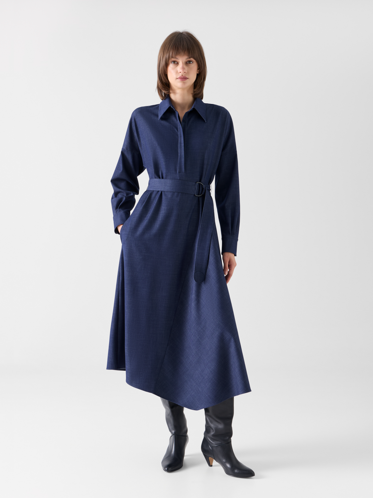 Designer Fliessendes Denim-Midikleid mit Kimonoärmeln - Dunkelblau 