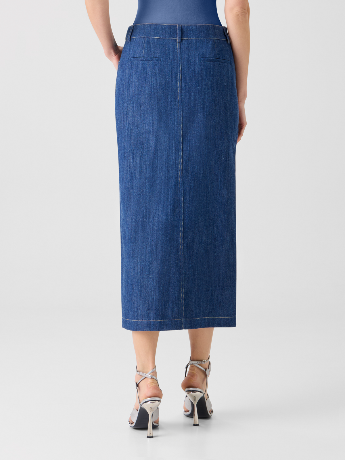 Designer Midi Bleistiftrock aus Baumwoll-Stretch Denim - Dunkelblau #editorial