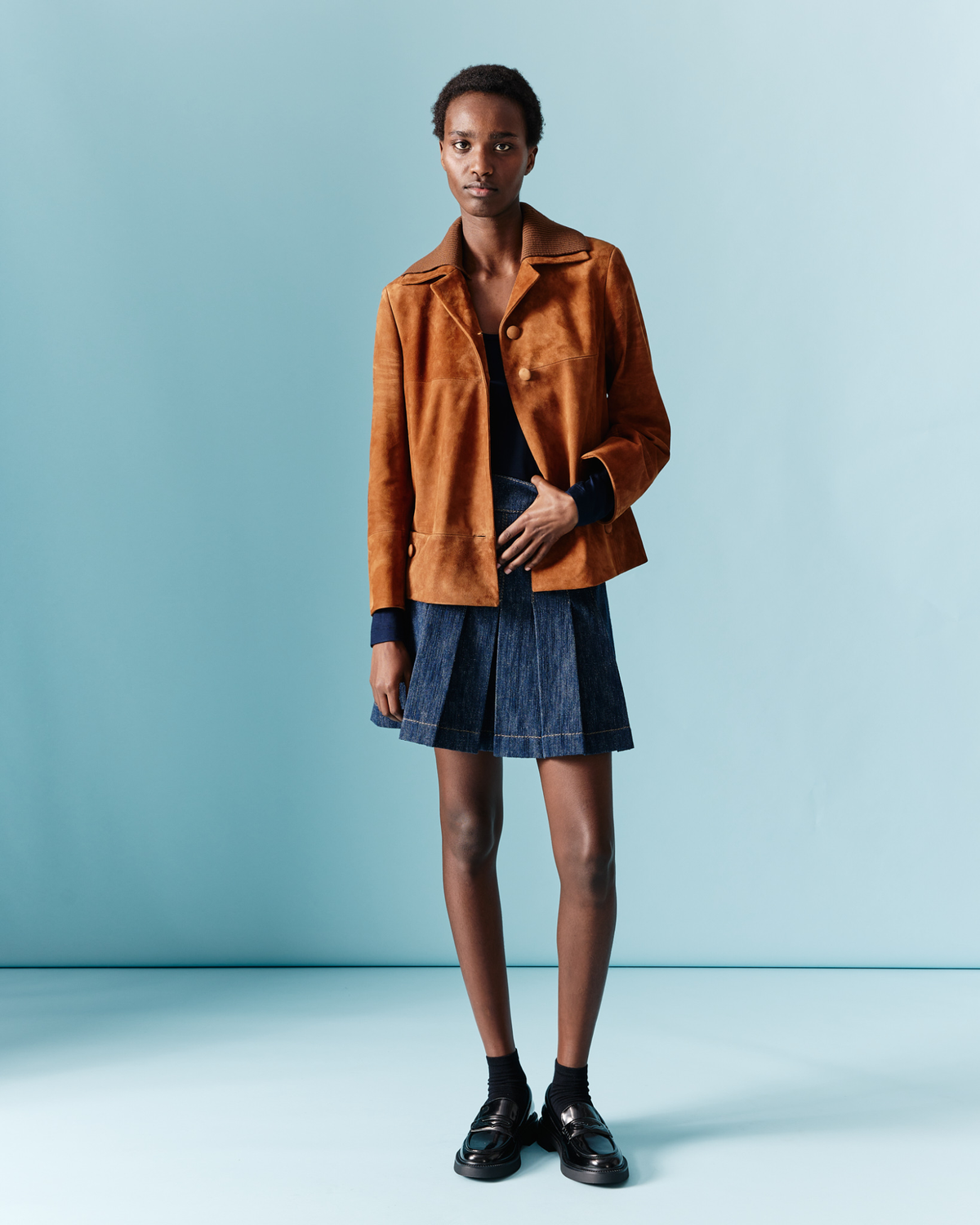 Designer Kurze Lederjacke mit Strickkragen - Braun #editorial