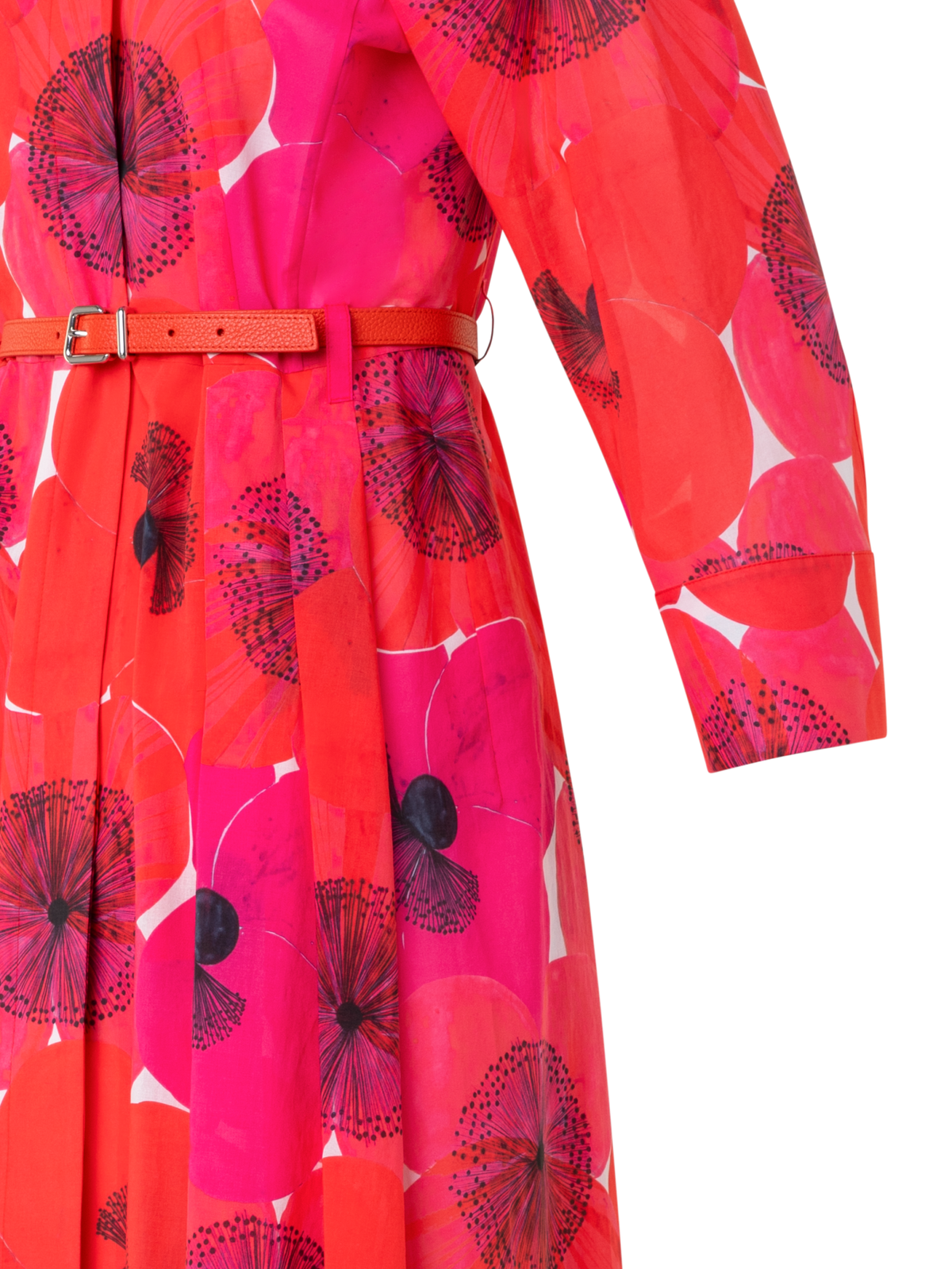 Designer Midi-Blusenkleid aus Baumwolle mit Poppy Druck - Bunt - Rot