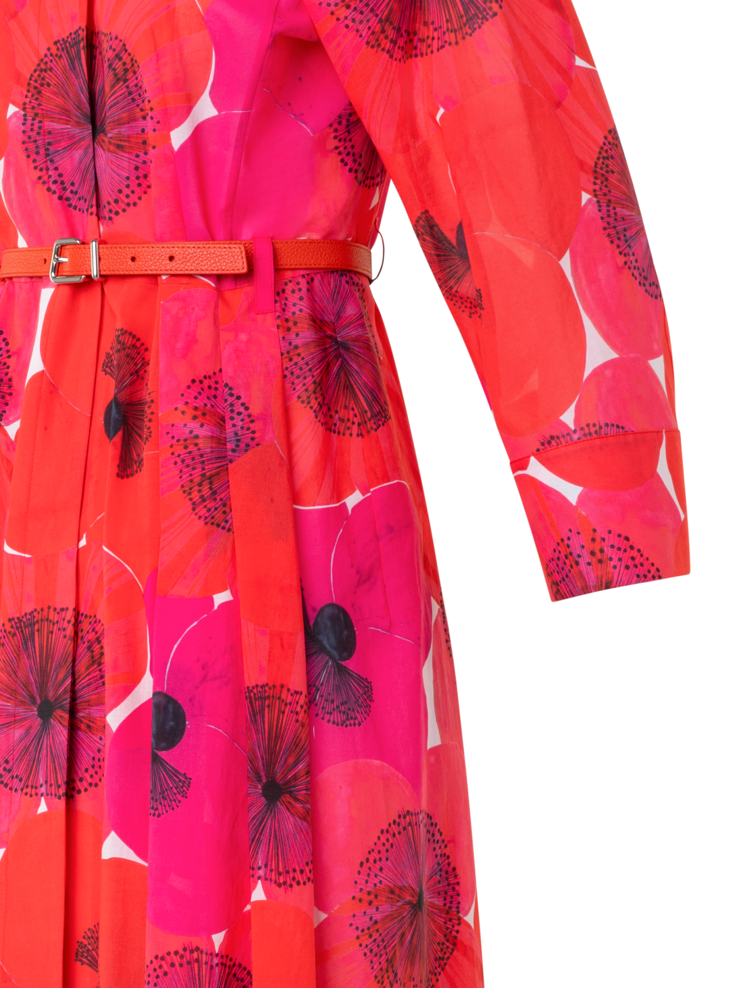Designer Midi-Blusenkleid aus Baumwolle mit Poppy Druck - Bunt - Rot