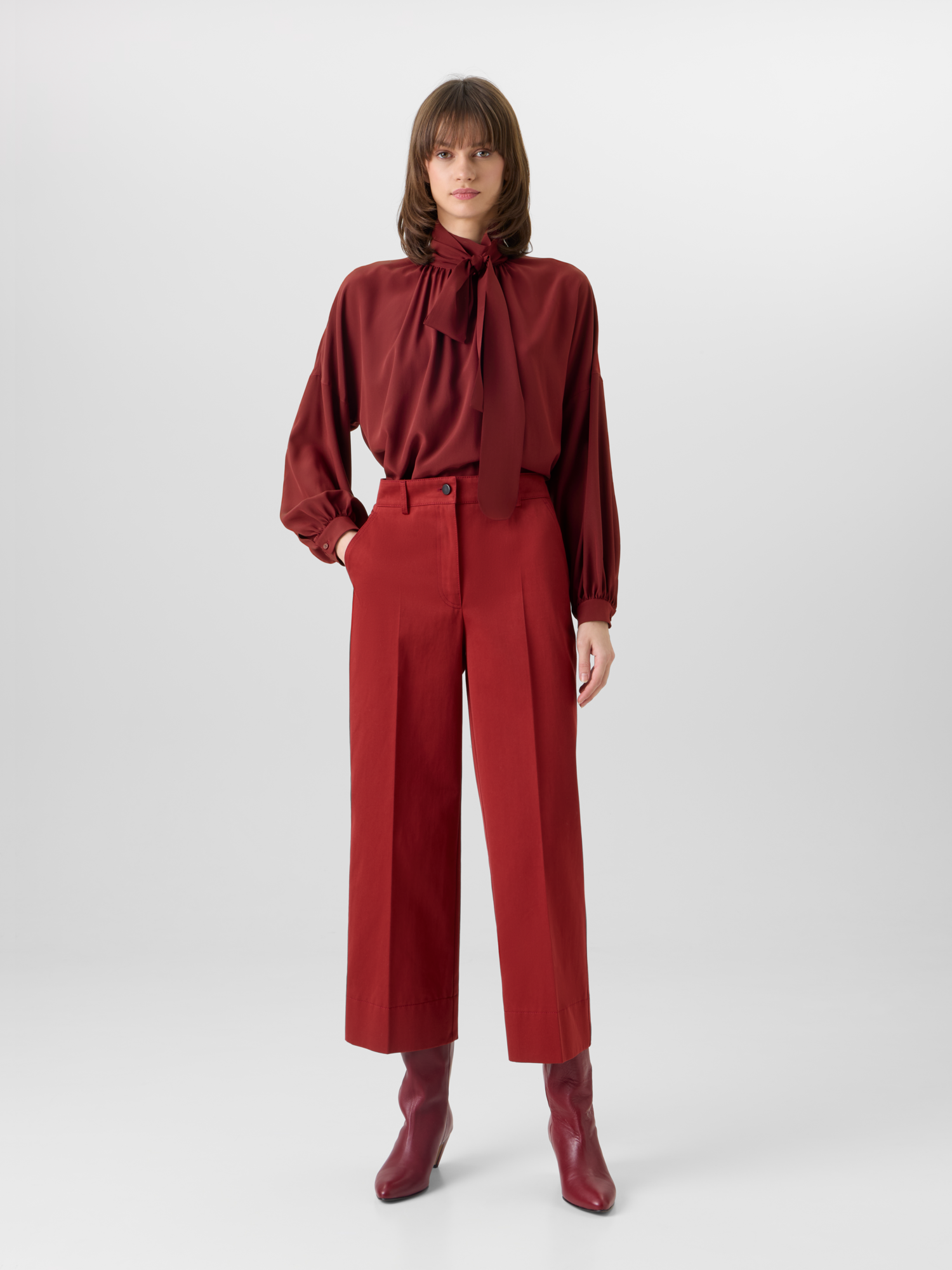 Designer Langärmelige Bluse aus Seiden-Crêpe-de-Chine - Rot 