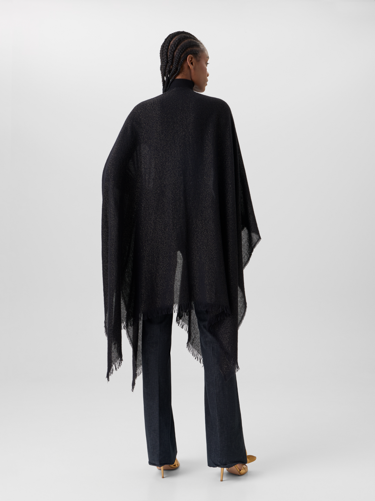Designer Cape-Schal aus Wolle-Kaschmir mit Lurex und Fransen - Bunt - Gold - Schwarz 