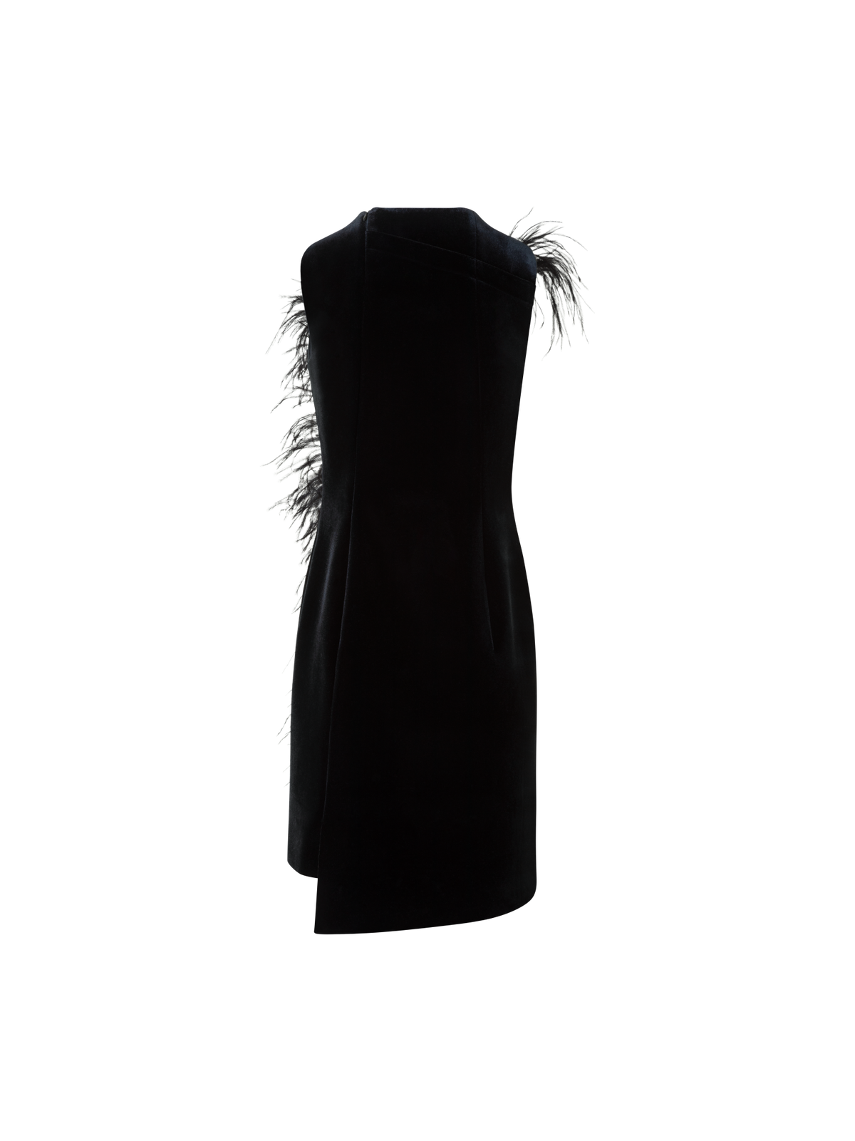 Designer Kurzes Samt Neopren Kleid mit Federbesatz - Schwarz