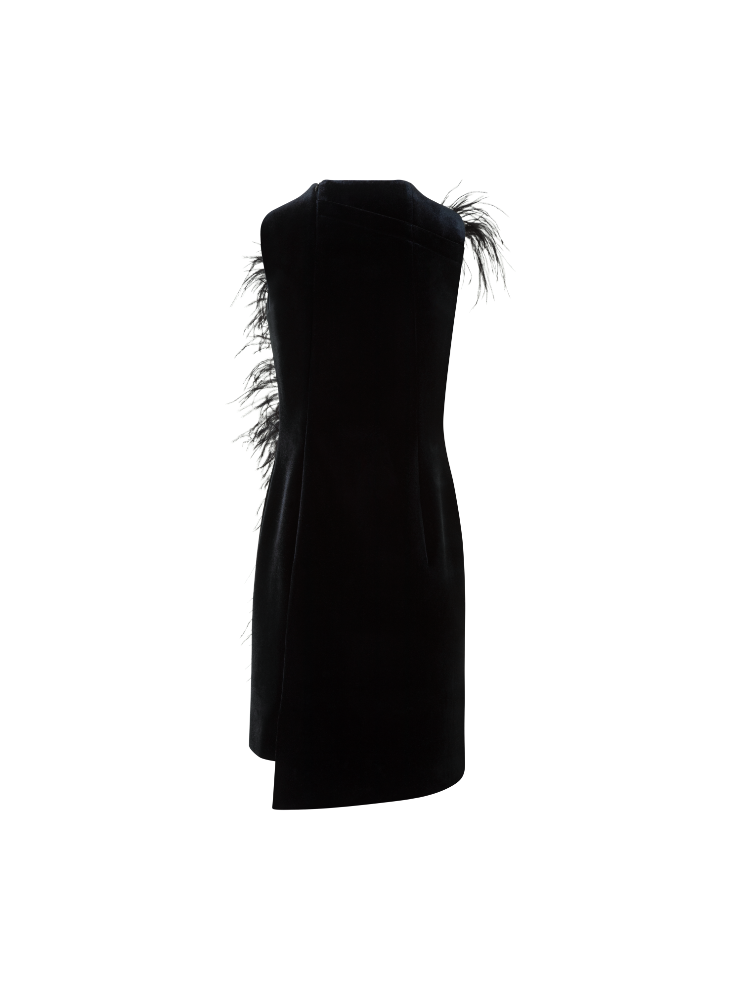 Designer Kurzes Samt Neopren Kleid mit Federbesatz - Schwarz