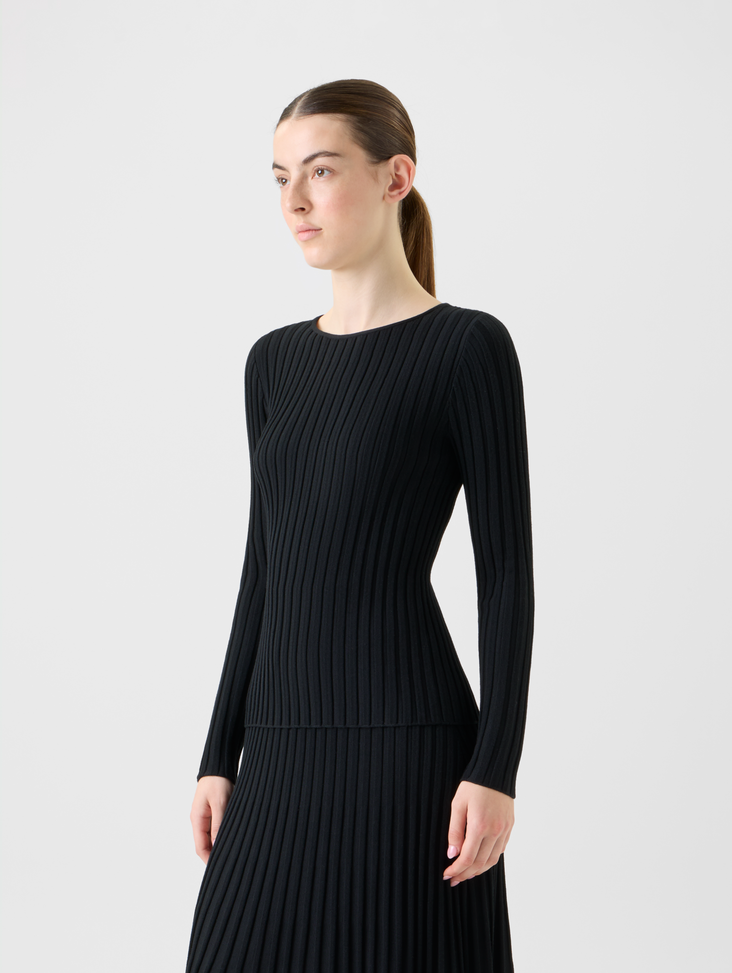 Designer Merino Wolle Rippenstrick Pullover - Schwarz 