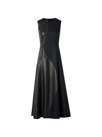 Designer Ausgestelltes Midikleid mit Leder-Patchwork - Schwarz