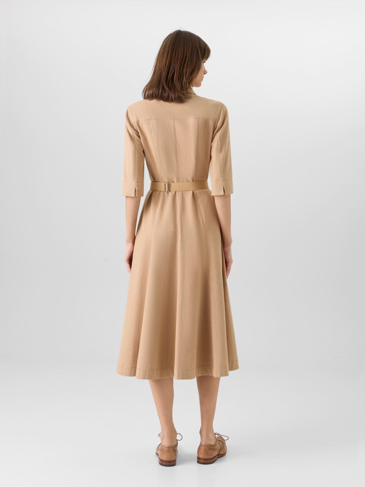 Designer A-Linien-Midikleid aus Baumwoll-Denim-Stretch - Beige #editorial