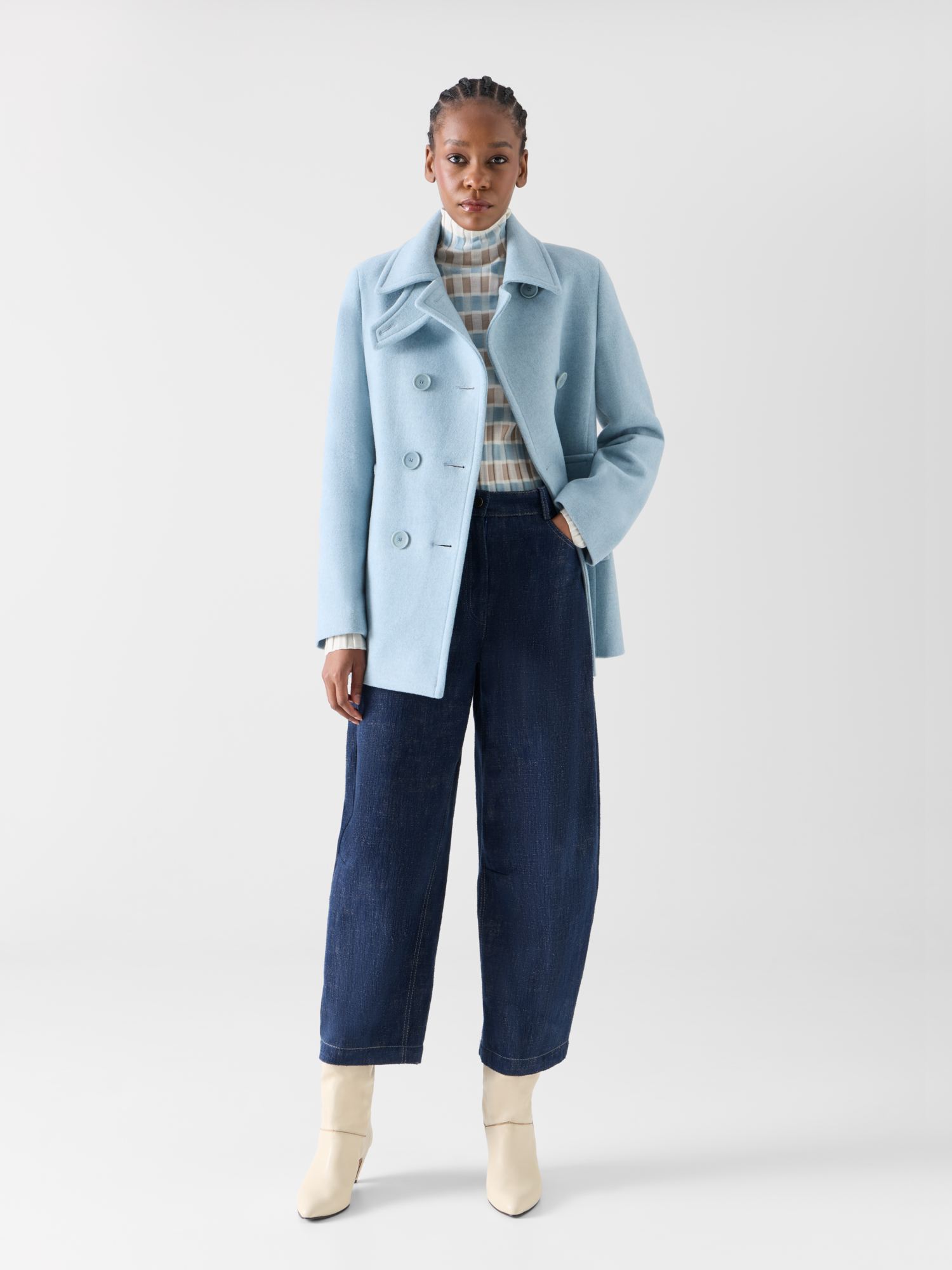 Designer Zweireihiger Peacoat aus Filzwolle - Blau 