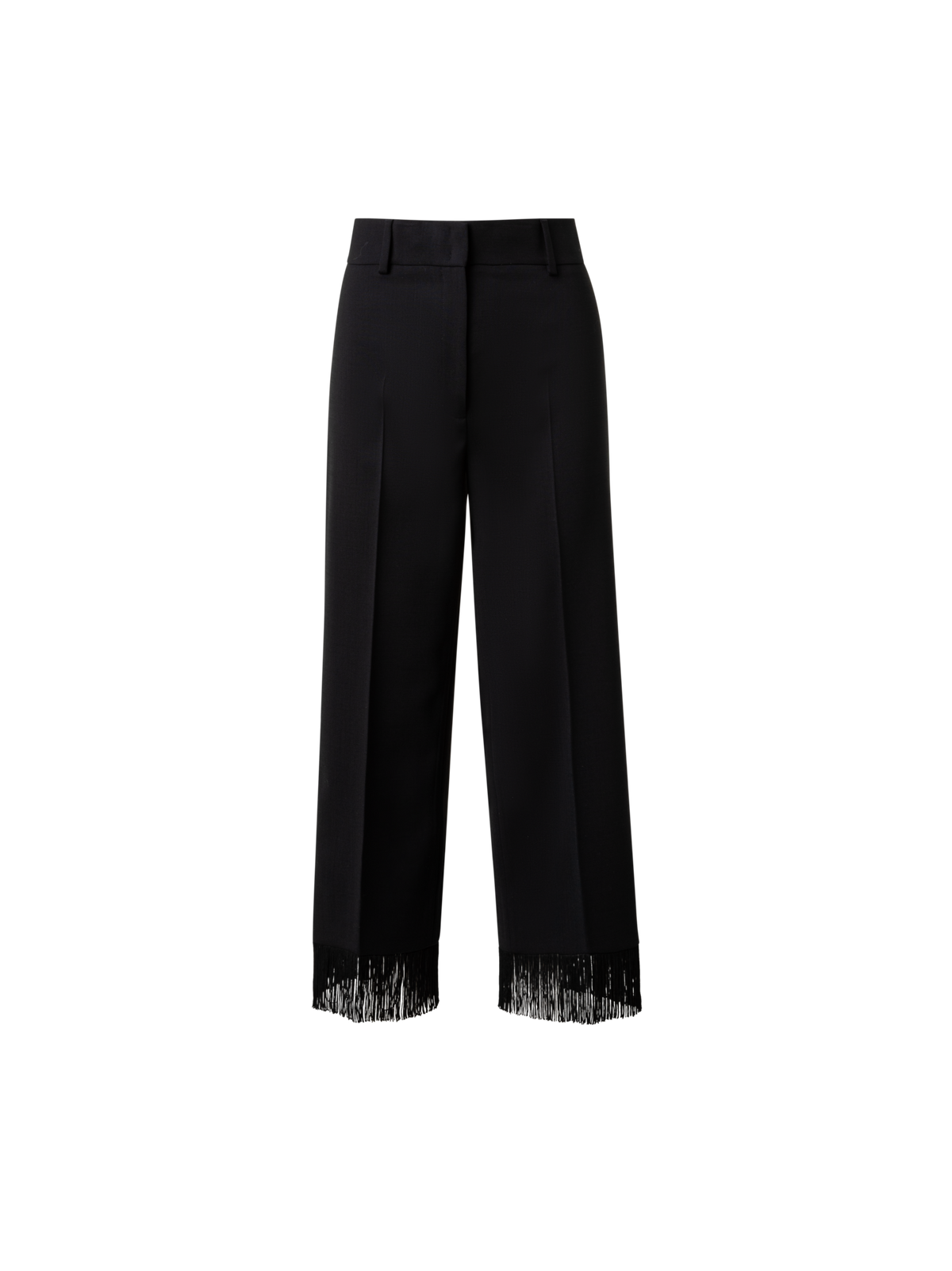 Designer Cropped Weite Hose aus Woll-Stretch mit Fransen - Schwarz