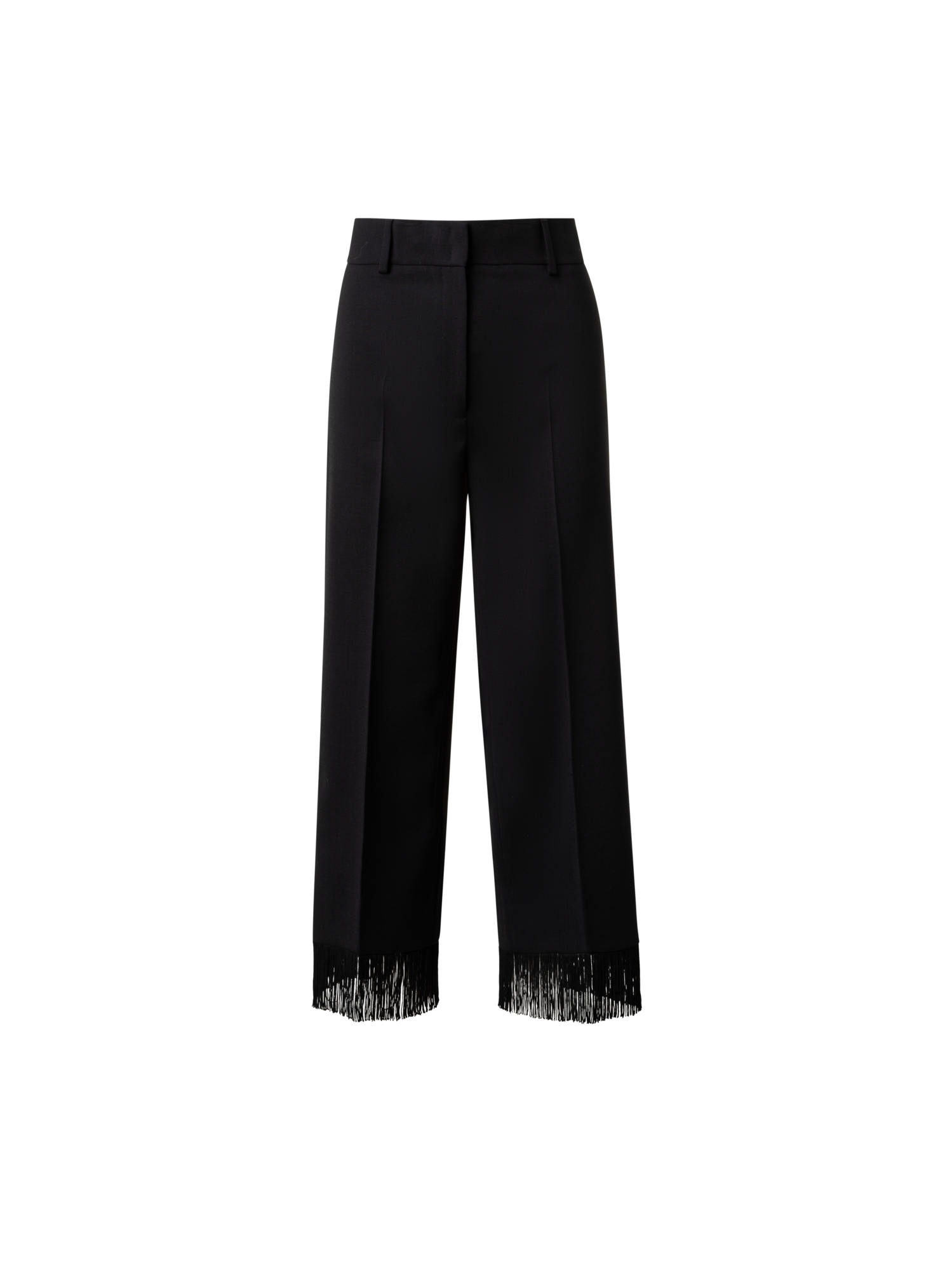 Designer Cropped Weite Hose aus Woll-Stretch mit Fransen - Schwarz