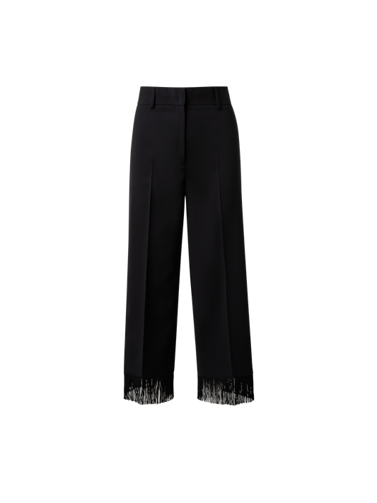 Designer Cropped Weite Hose aus Woll-Stretch mit Fransen - Schwarz