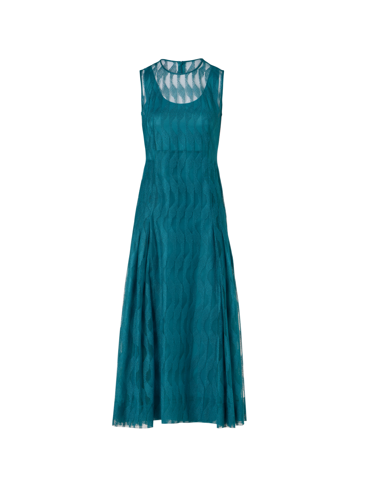 Designer Ärmelloses Midi-Kleid mit High Plains Stickerei auf Tüll - Grün