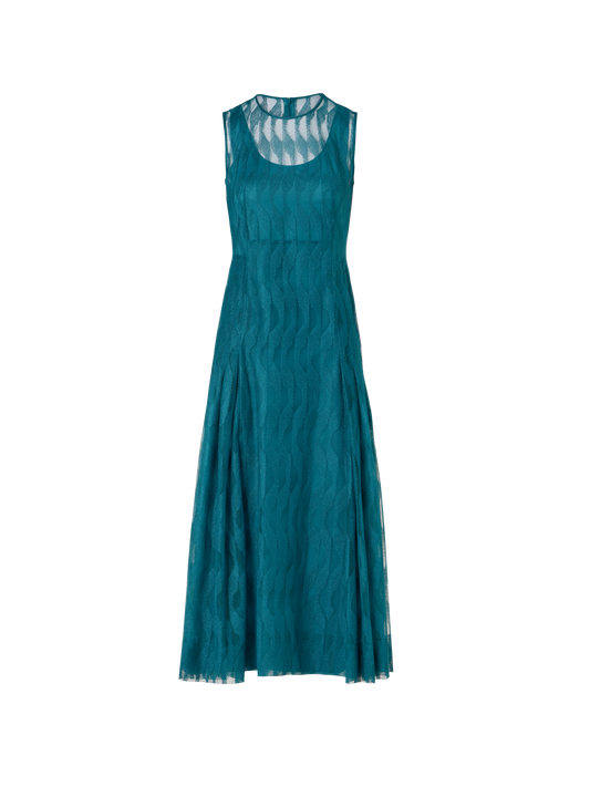 Designer Ärmelloses Midi-Kleid mit High Plains Stickerei auf Tüll - Grün