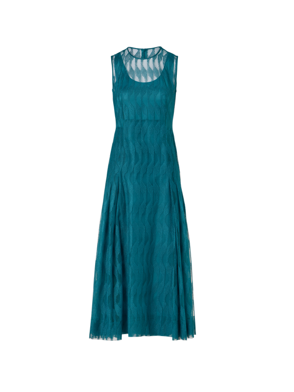 Designer Ärmelloses Midi-Kleid mit High Plains Stickerei auf Tüll - Grün