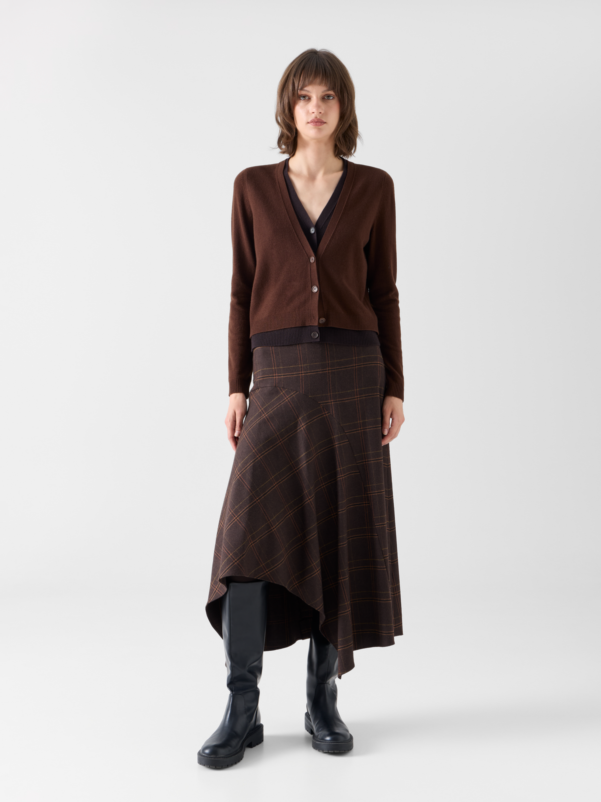 Designer Karierter Midirock aus Flanell mit Zipfelsaum - Braun #editorial
