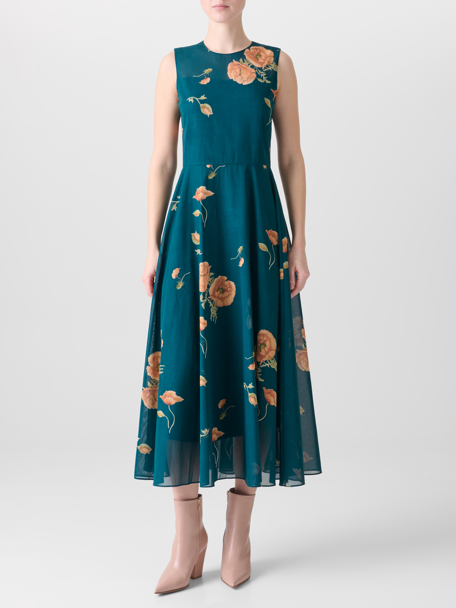Designer A-Linien Baumwoll-Midikleid mit Anemone Druck - Grün - Bunt