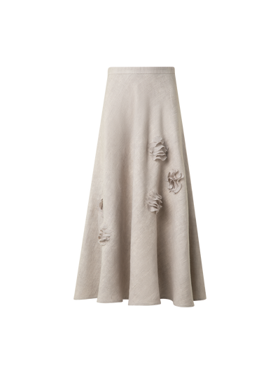 Designer Midirock aus Leinen mit 3D Carnation Detail - Beige