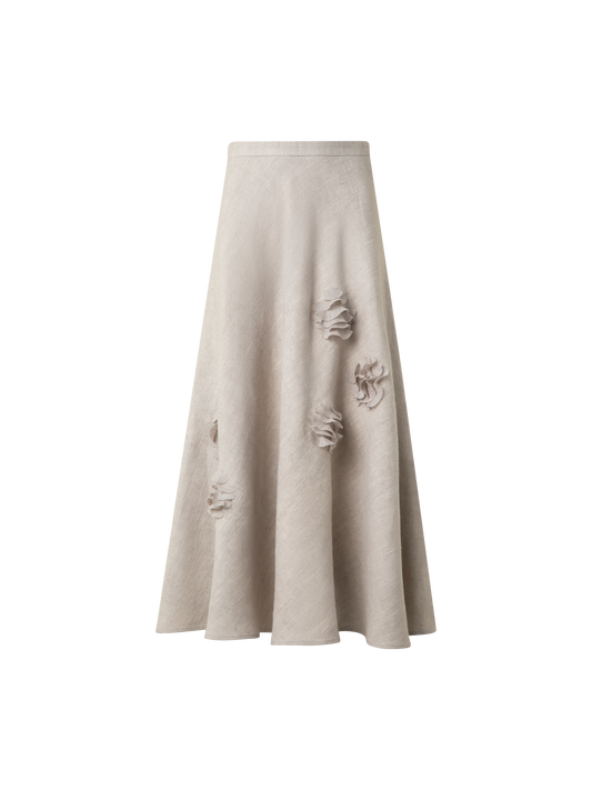 Designer Midirock aus Leinen mit 3D Carnation Detail - Beige