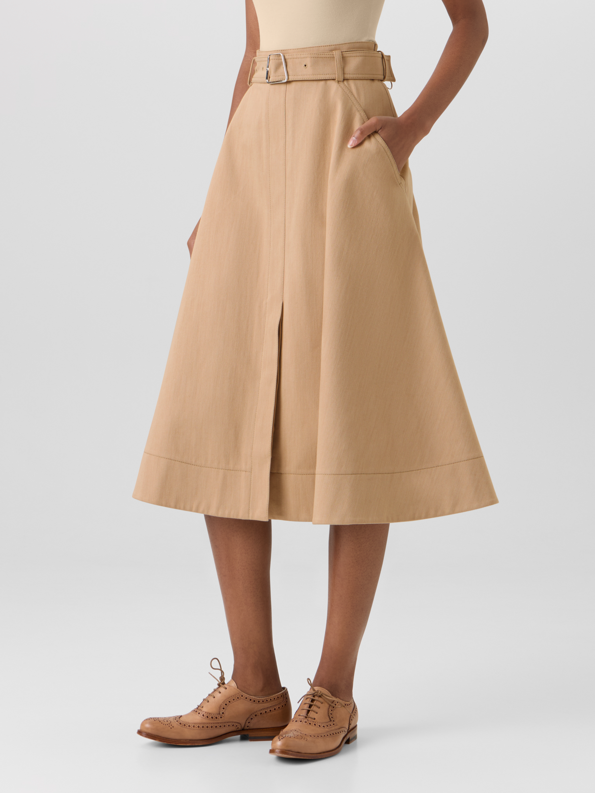 Designer Midirock aus Stretch-Baumwoll-Denim - Beige #editorial