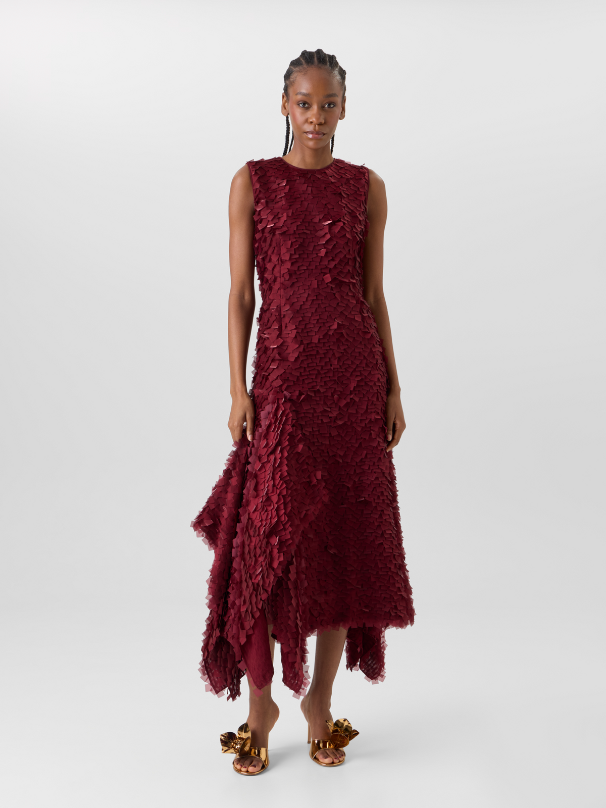 Designer Asymmetrisches Midikleid in Layered Organza Tiles - Rot 
