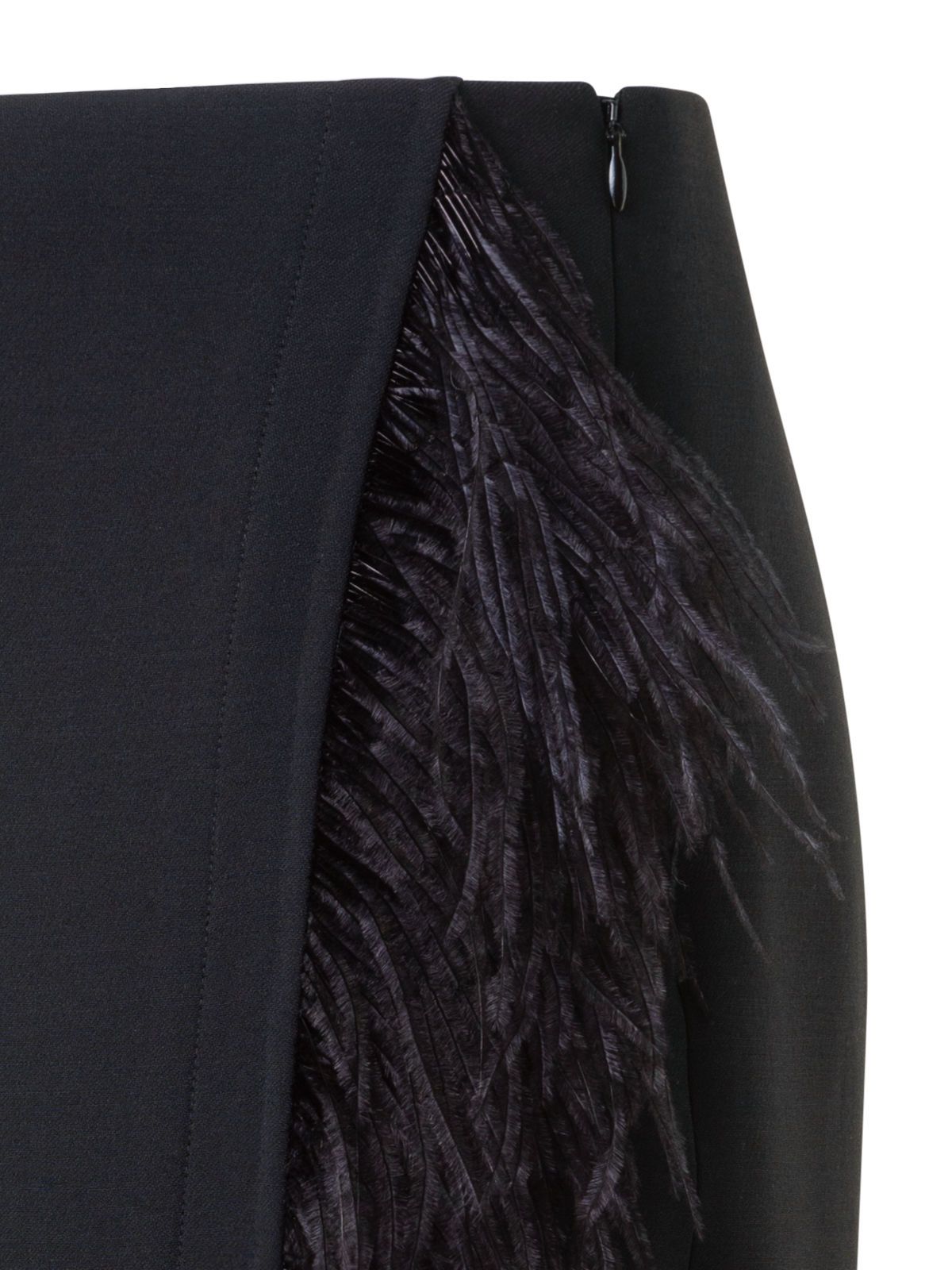 Designer Asymmetrischer Woll Midirock mit Federbesatz - Schwarz
