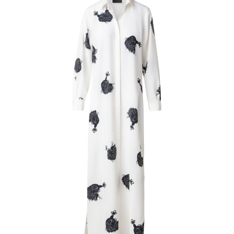 Langes Seiden-Tunikakleid mit Quasten-Druck