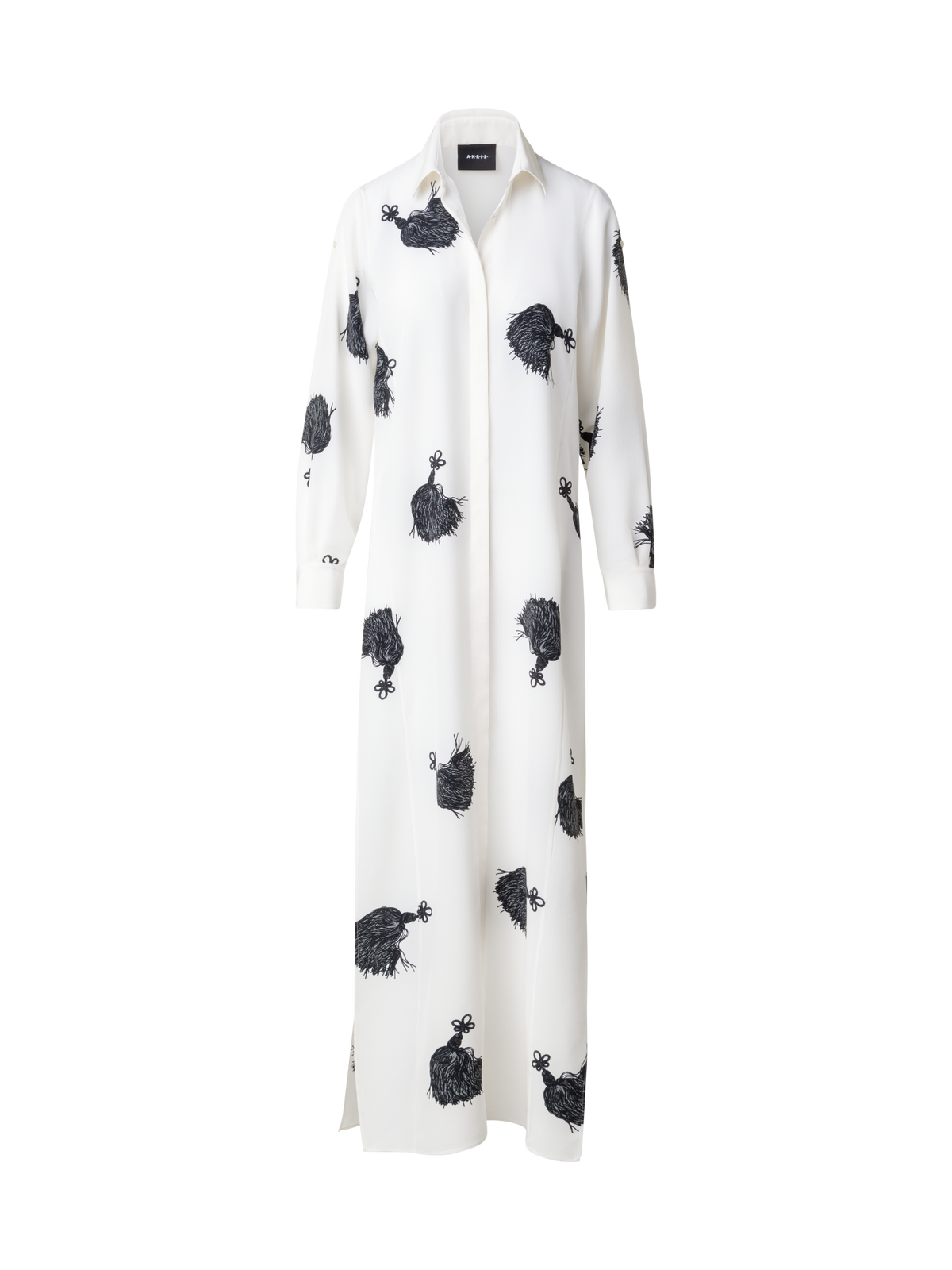 Designer Langes Seiden-Tunikakleid mit Quasten-Druck - Bunt - Ecru - Weiss