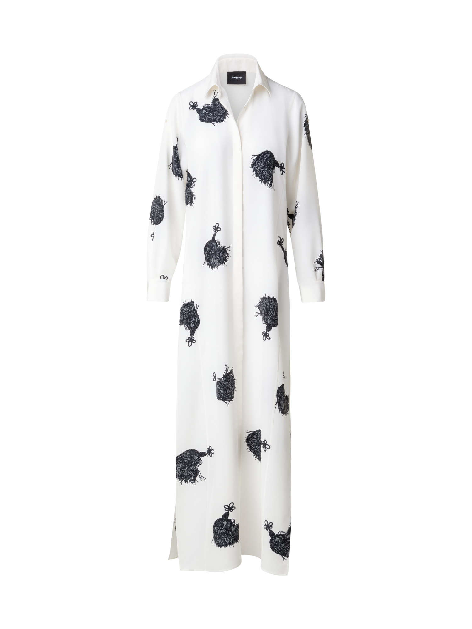 Designer Langes Seiden-Tunikakleid mit Quasten-Druck - Bunt - Ecru - Weiss