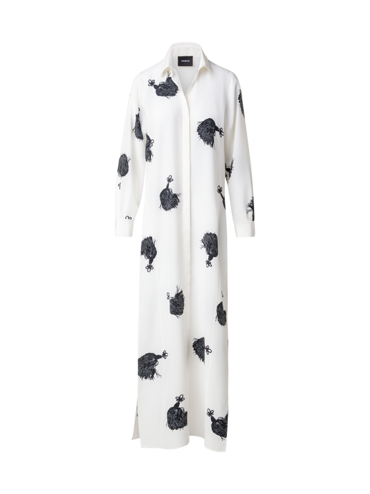 Designer Langes Seiden-Tunikakleid mit Quasten-Druck - Bunt - Ecru - Weiss