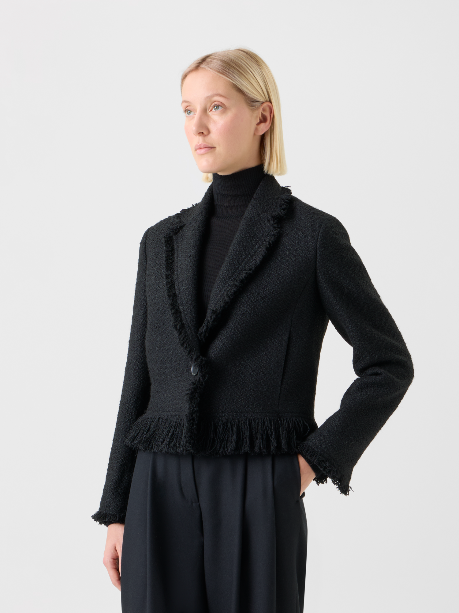 Designer Kurze Bouclé Tweed Jacke mit Fransen - Schwarz 