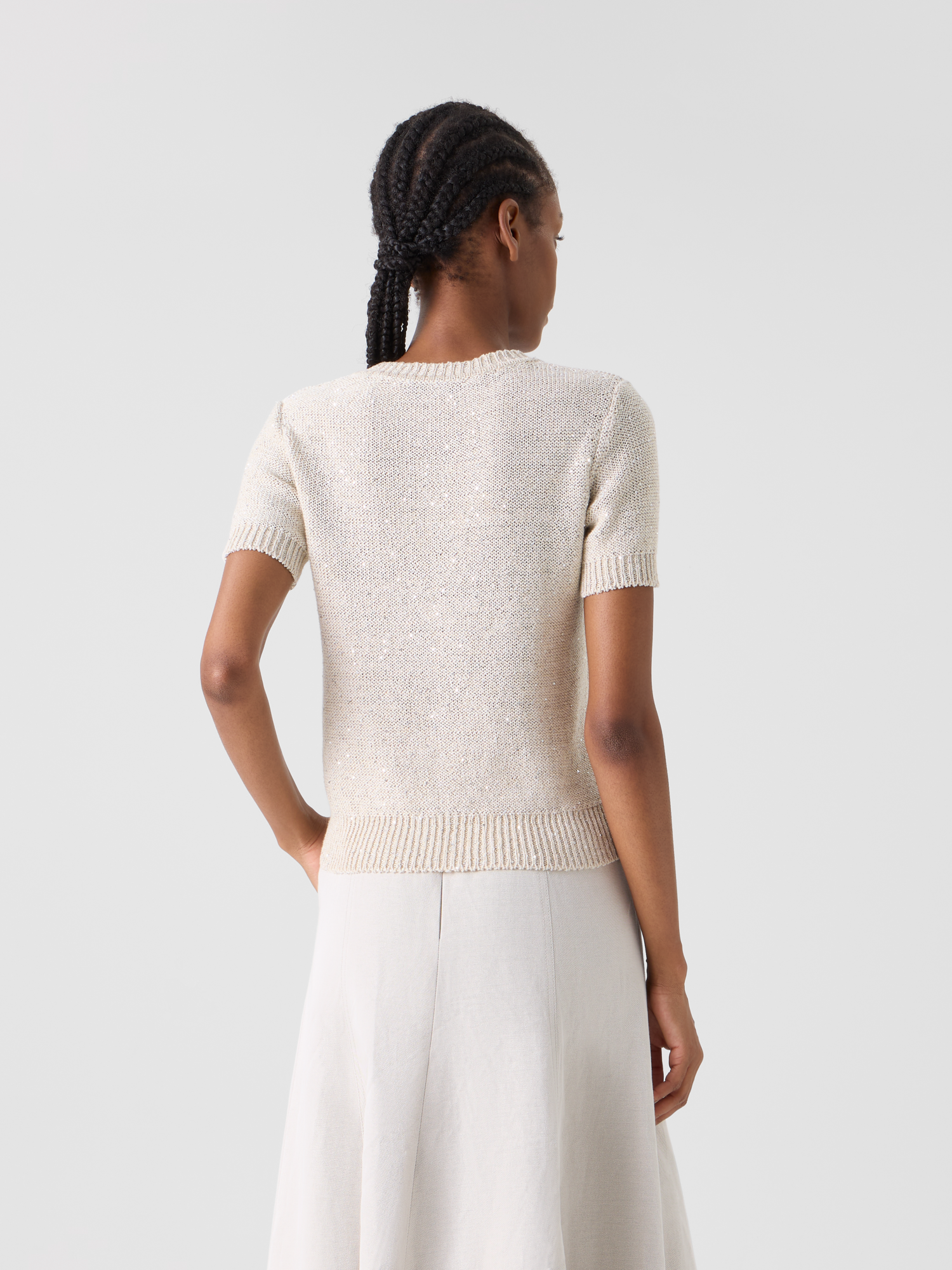 Designer Kurzärmliger Leinen-Baumwoll-Pullover mit Pailletten - Beige