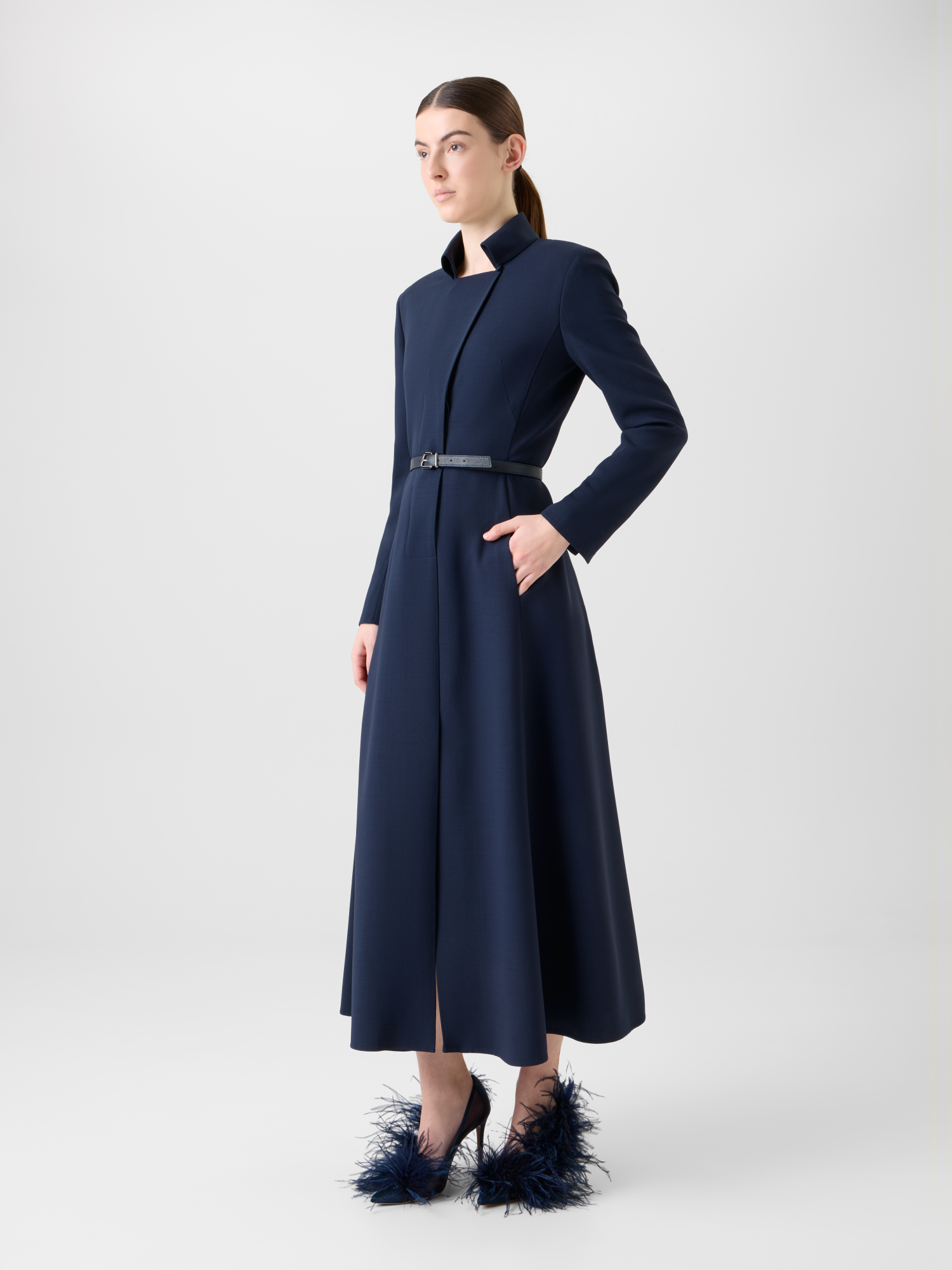 Designer Woll Doubleface Midi Hemd-Kleid mit Gürtel - Dunkelblau - Blau 