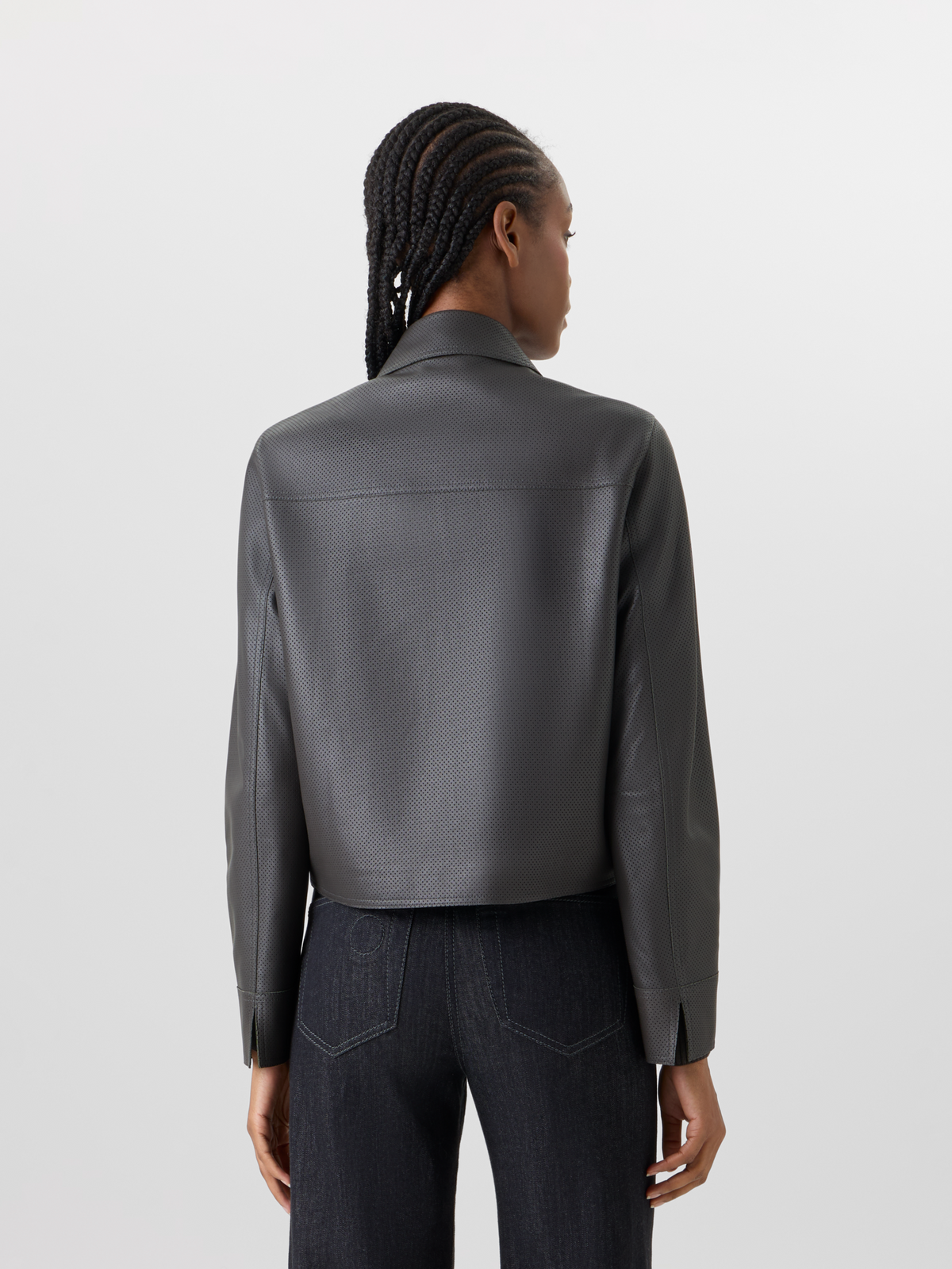 Designer Langärmelige Bikerjacke aus Signature-Pin-Dot-Lammnappaleder - Grün #editorial