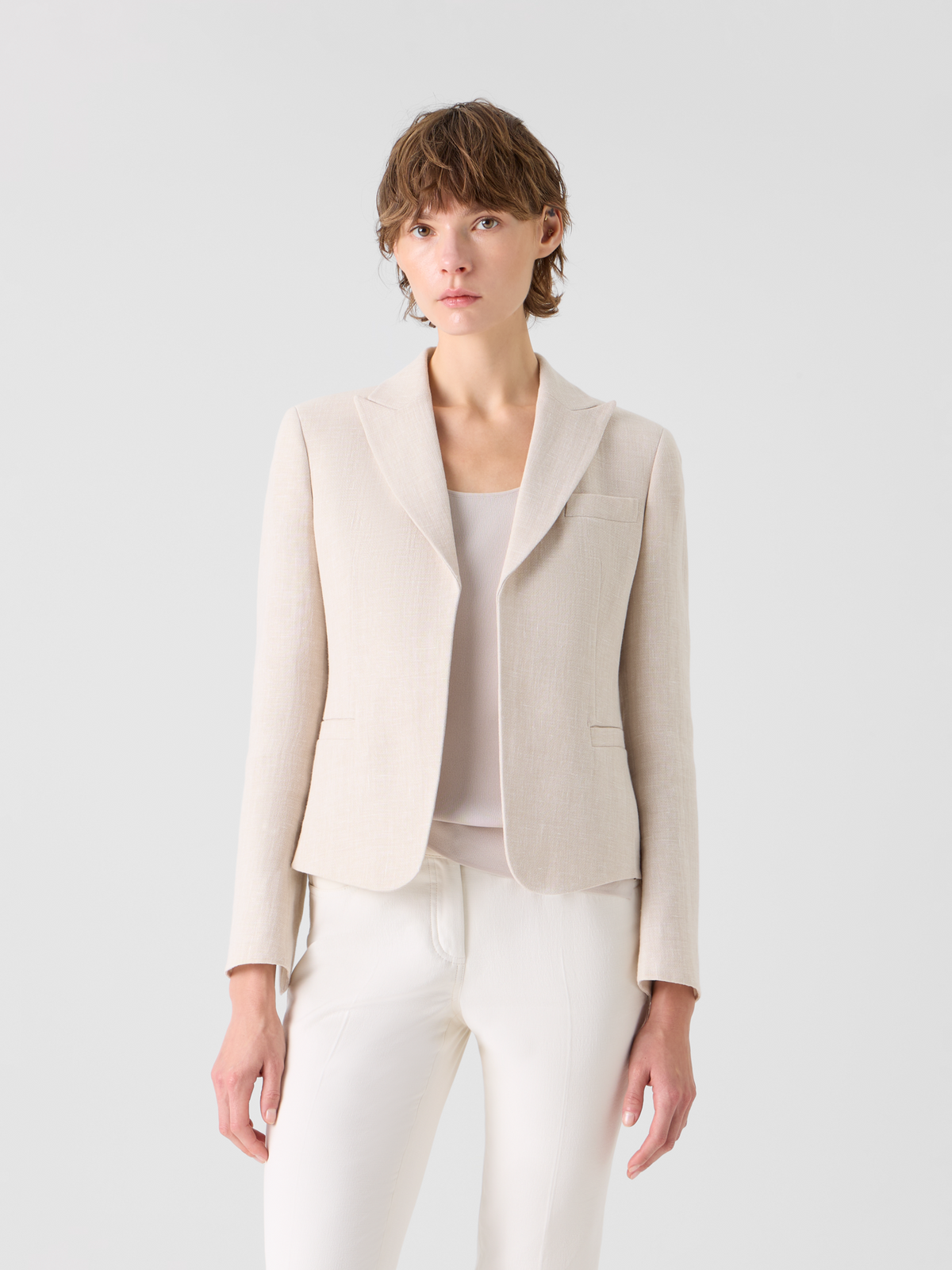 Designer Deneuve kurze taillierte Jacke aus Leinen-Woll-Doubleface - Beige #editorial