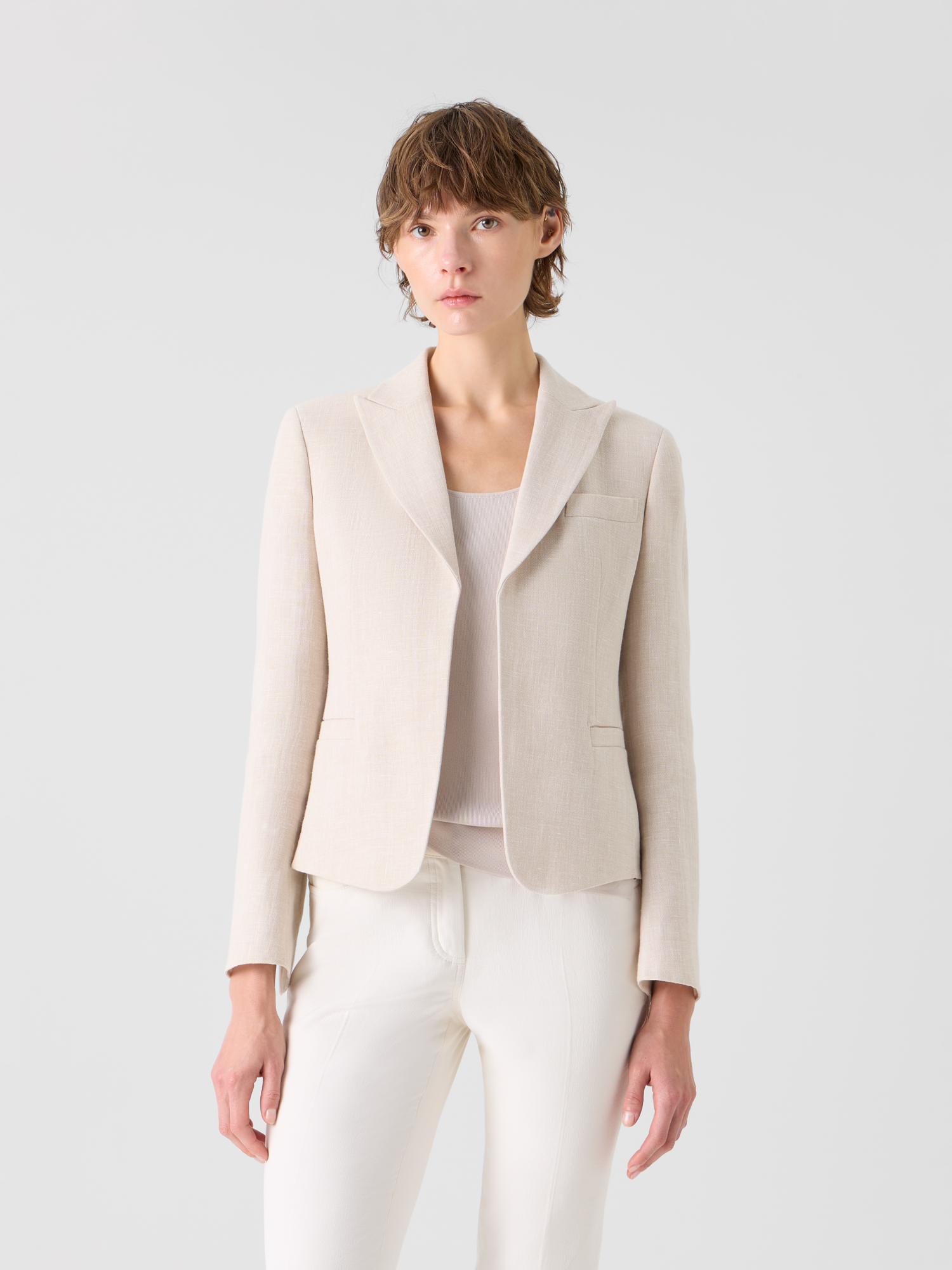 Designer Deneuve kurze taillierte Jacke aus Leinen-Woll-Doubleface - Beige 