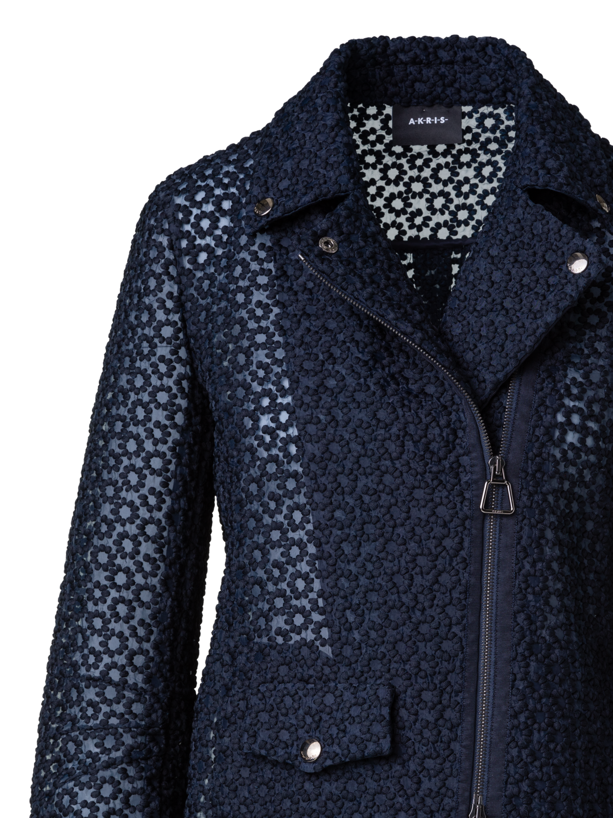 Designer Organza-Bikerjacke mit Blumenstickerei - Dunkelblau - Blau