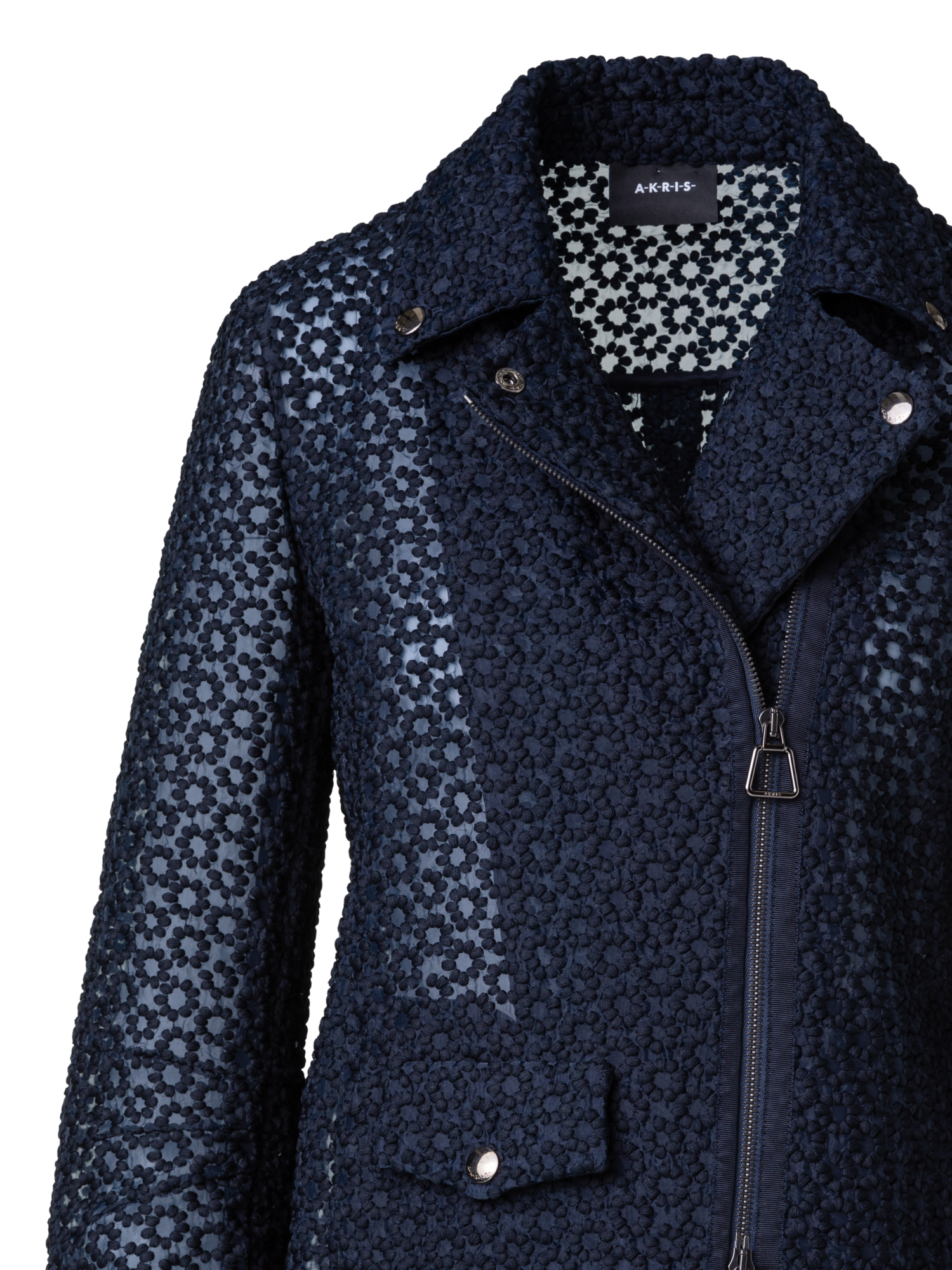 Designer Organza-Bikerjacke mit Blumenstickerei - Dunkelblau - Blau