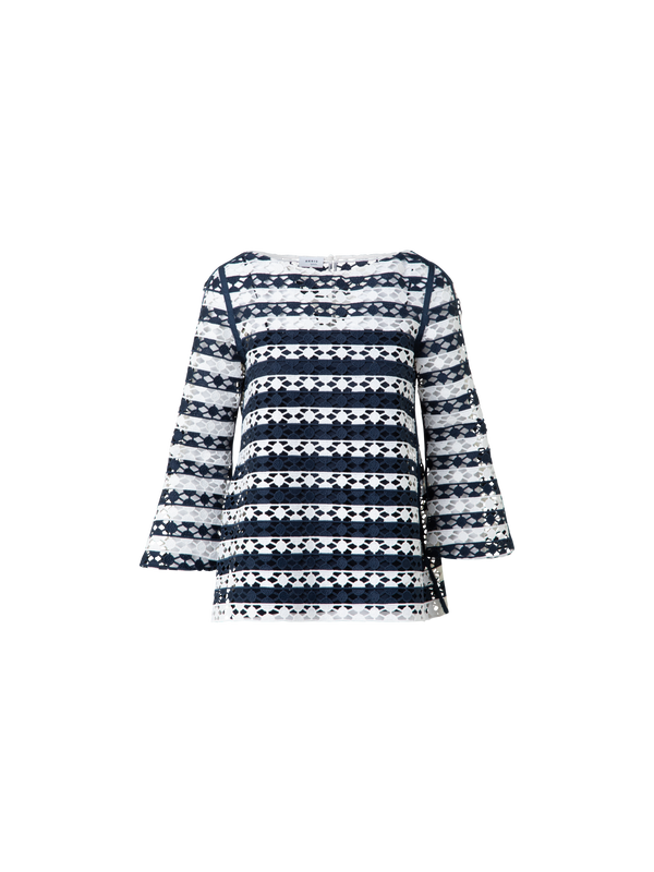 Designer Top aus Streifen-Stickerei - Dunkelblau - Bunt - Ecru - Weiss