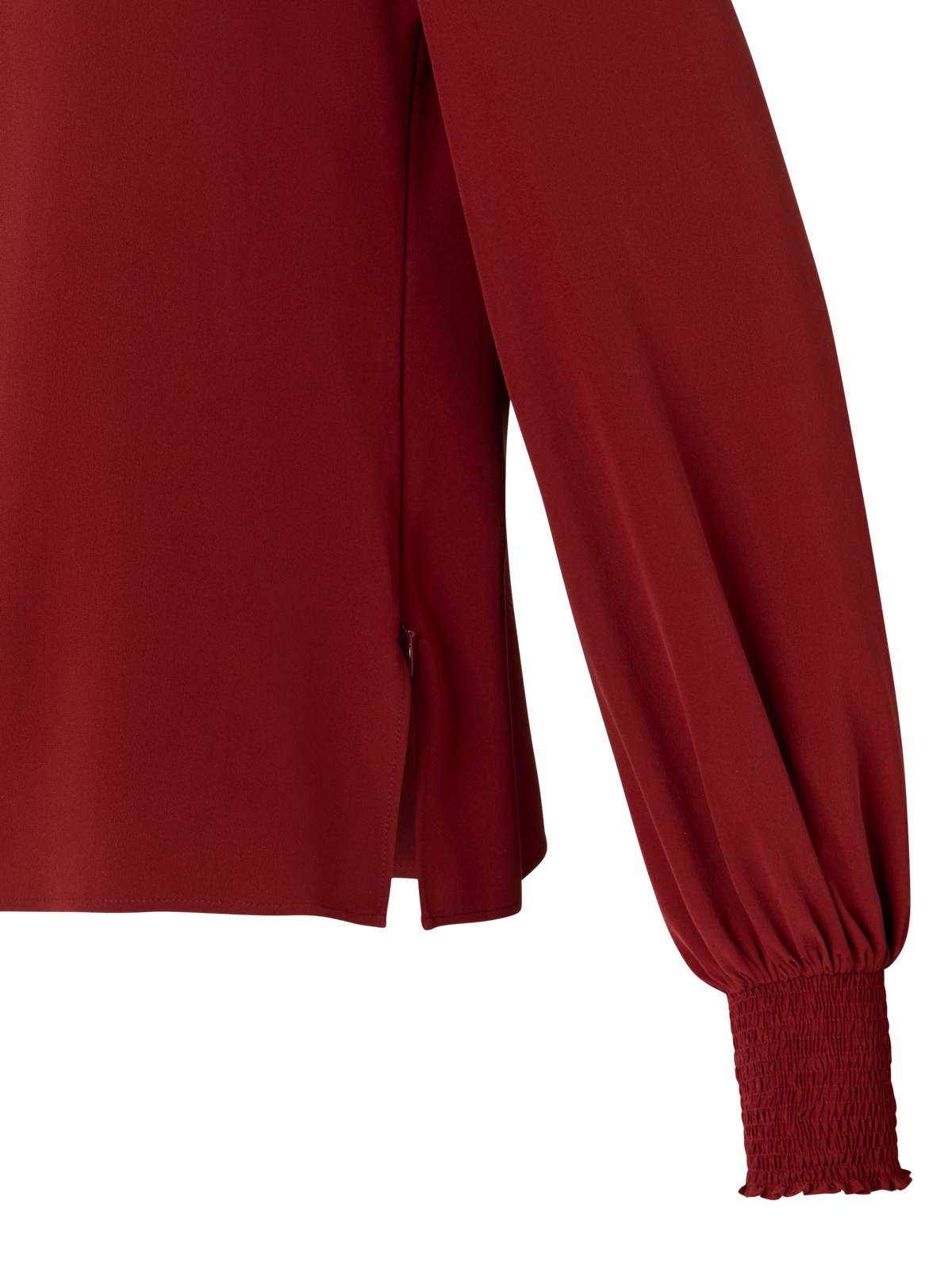 Designer Boho-Bluse aus Seiden-Crêpe mit Smok-Details - Weinrot - Rot
