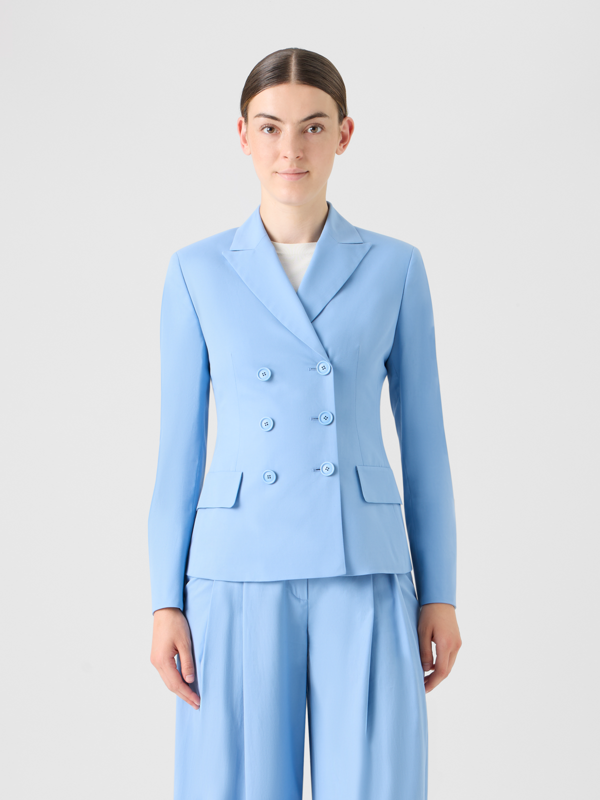 Designer Zweireihige Jacke aus Baumwoll-Stretch-Gabardine - Blau #editorial