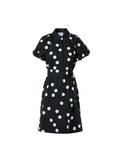 Designer Baumwoll-Hemdblusenkleid mit Puffärmeln und Polka-Dots - Schwarz